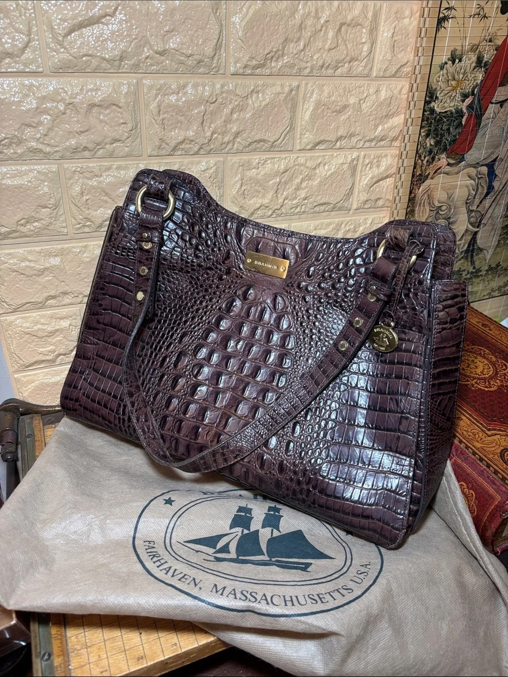 Brahmin Croc-Embossed Leather Shoulder Bag in Dark Brown w Burgundy Tones